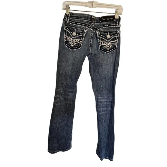 LA Idol Jeans Womans 3 blue bootcut embroidered pockets bling - Picture 2 of 9